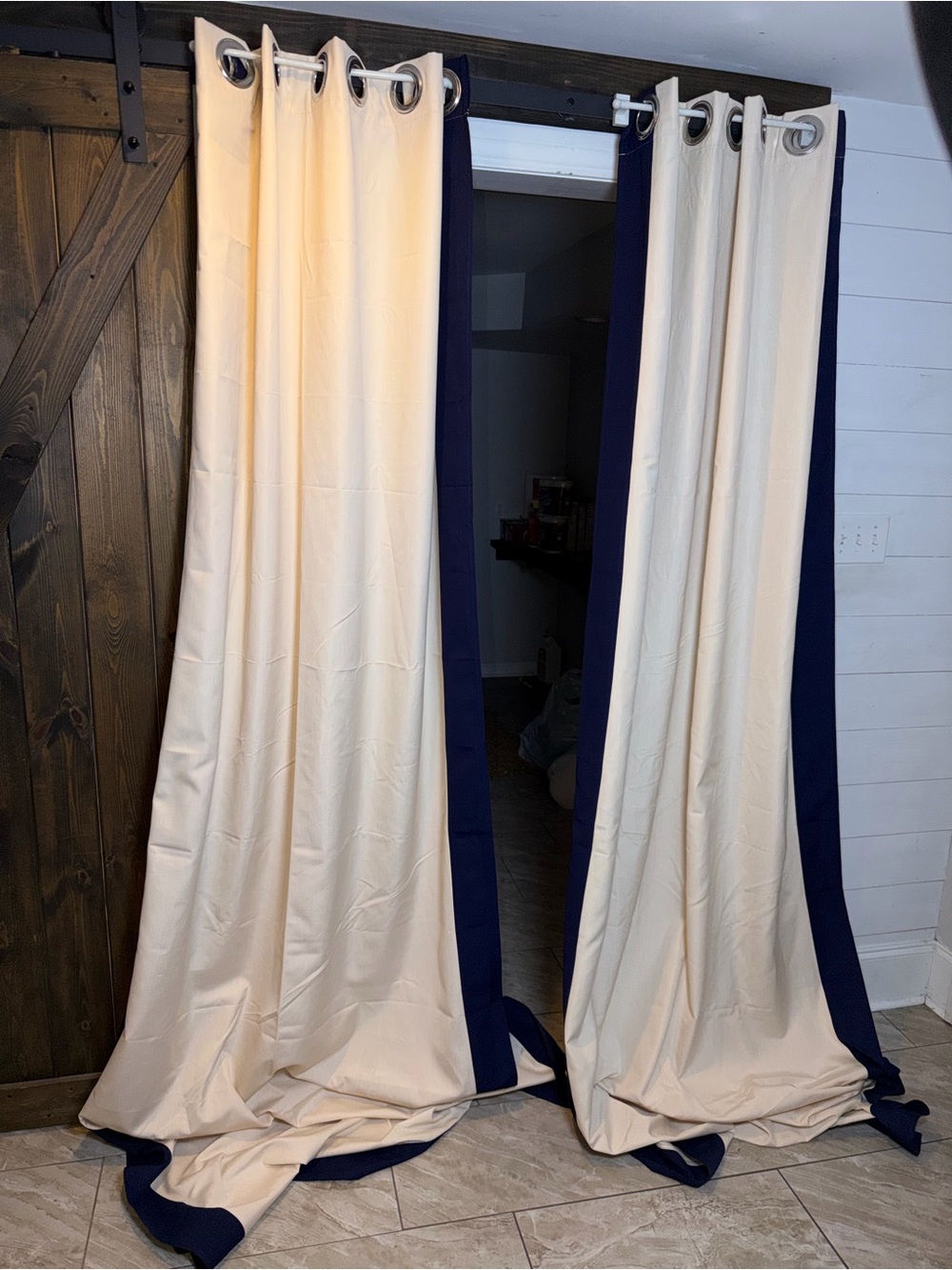 Ballard Designs Indoor/Outdoor Sunbrella Panel Curtains (2)50x120 Sand/Navy